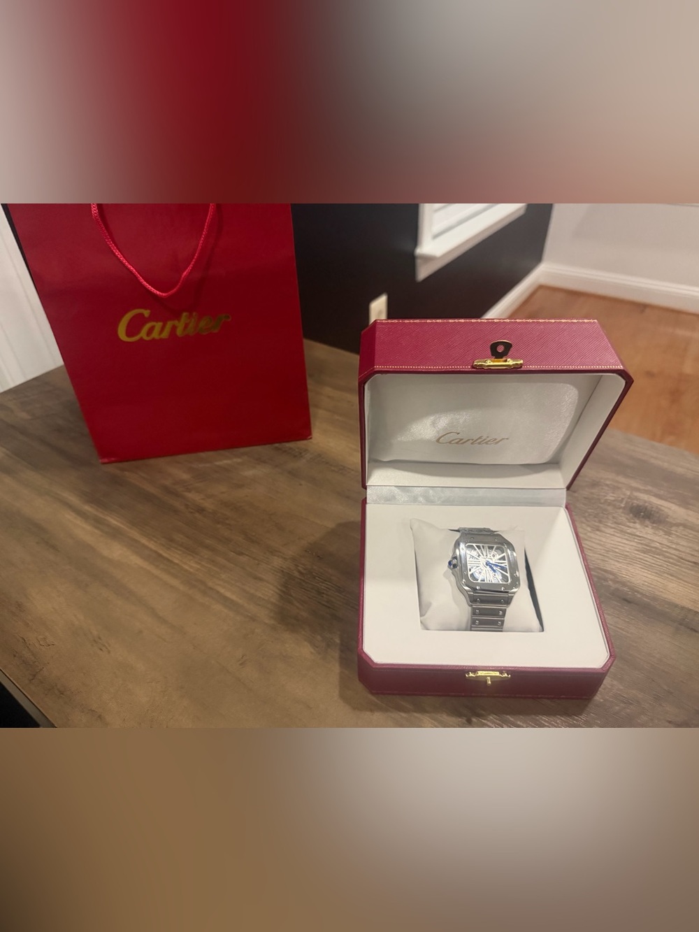 Cartier skeleton Santos Steel Watch with Red Presentation Box
